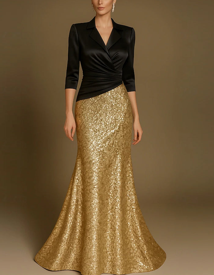 Solid Color V-neck Satin Sequins Maxi Dress