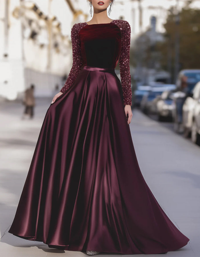 Vestido Largo de Terciopelo Burdeos con Lentejuelas y Retazos de Satén