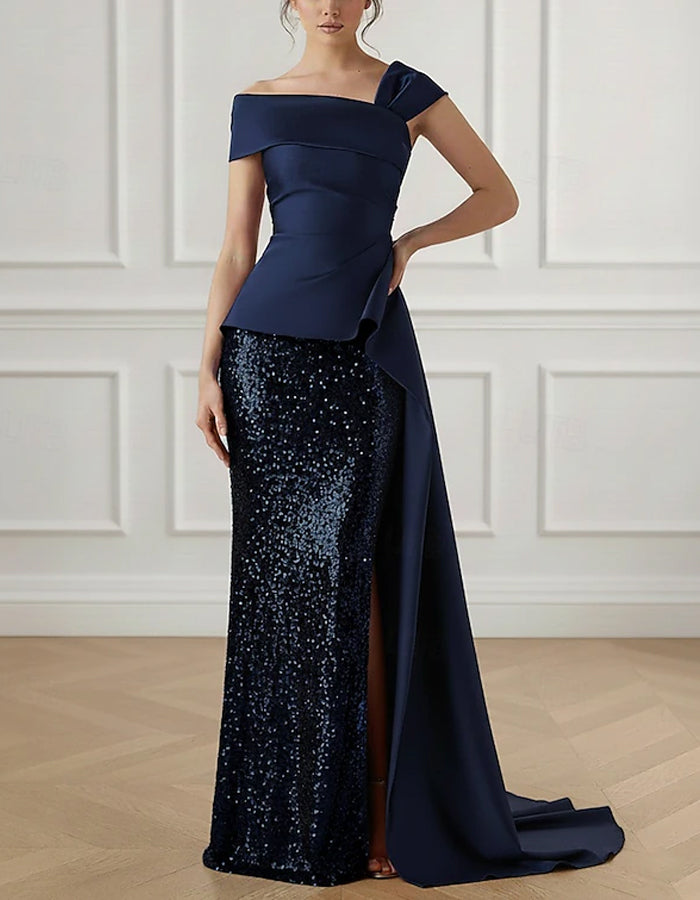 Solid Color Off Shoulder Satin Sequins Maxi Dress