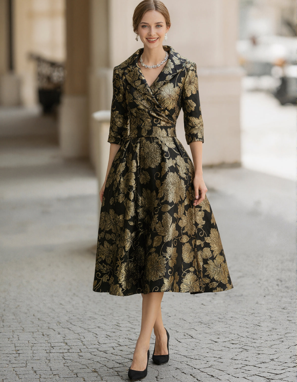 Black & Gold Jacquard Floral Midi Dress