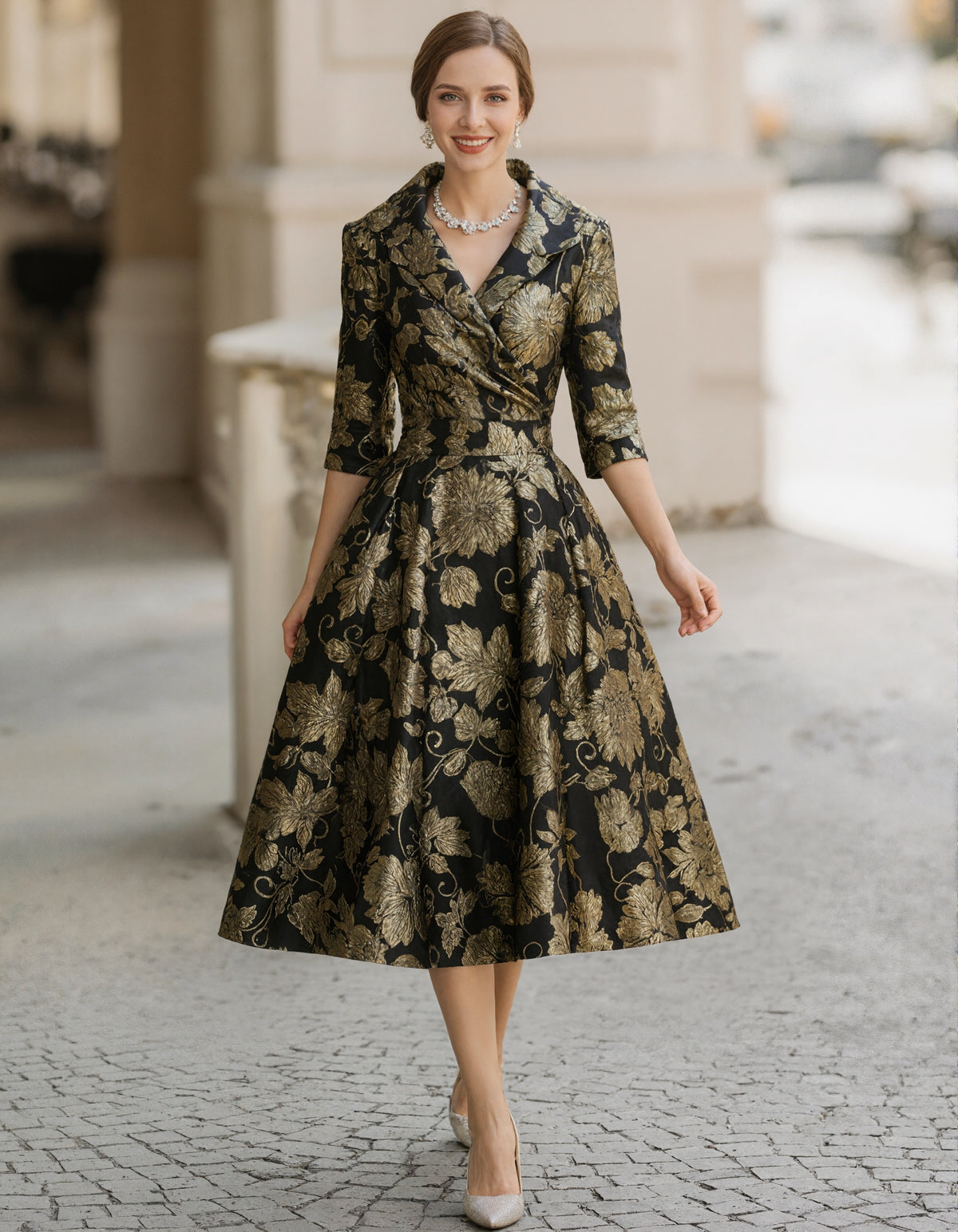 Black & Gold Jacquard Floral Midi Dress