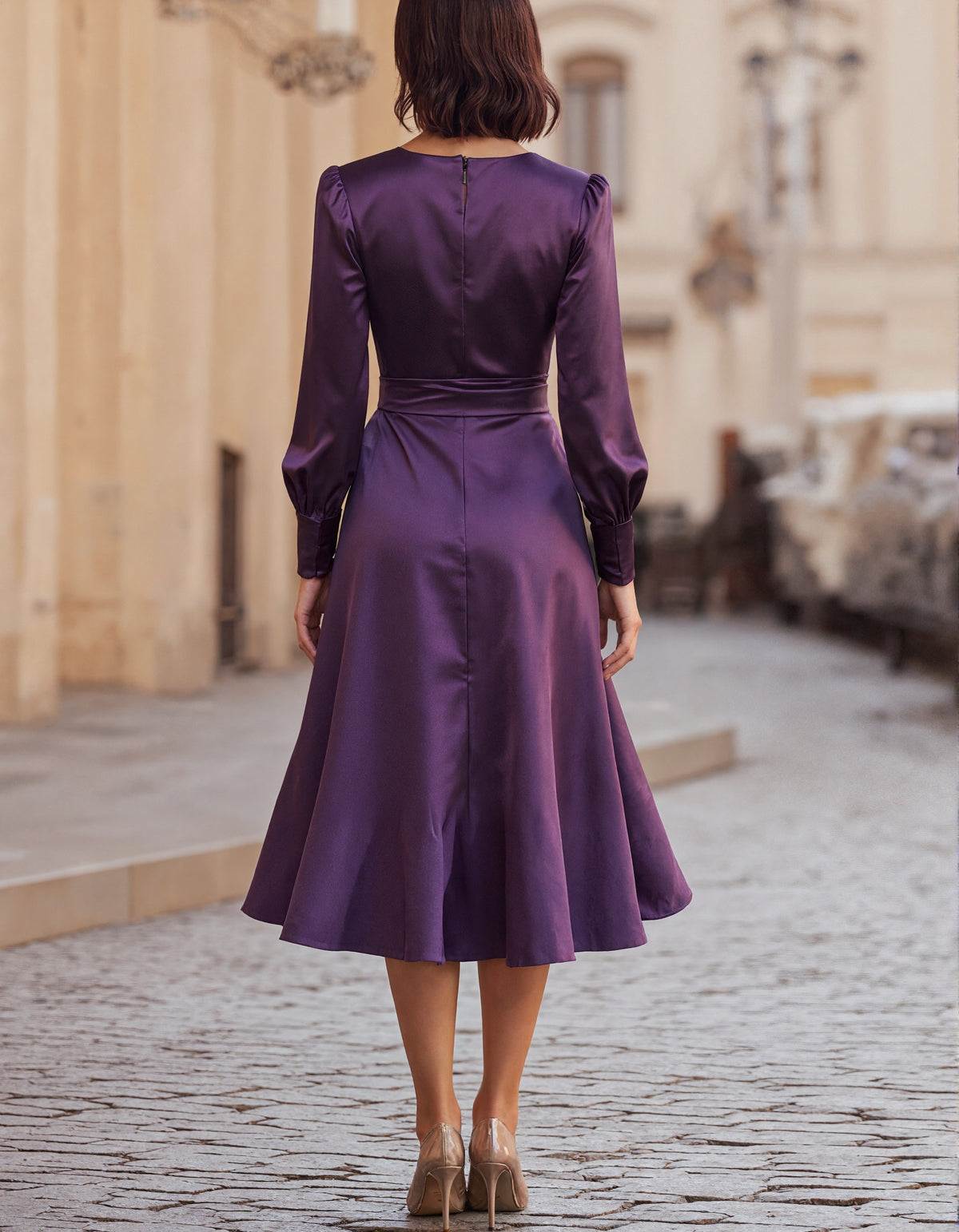 Dark Purple Satin Multi Layered Hem Midi Dress