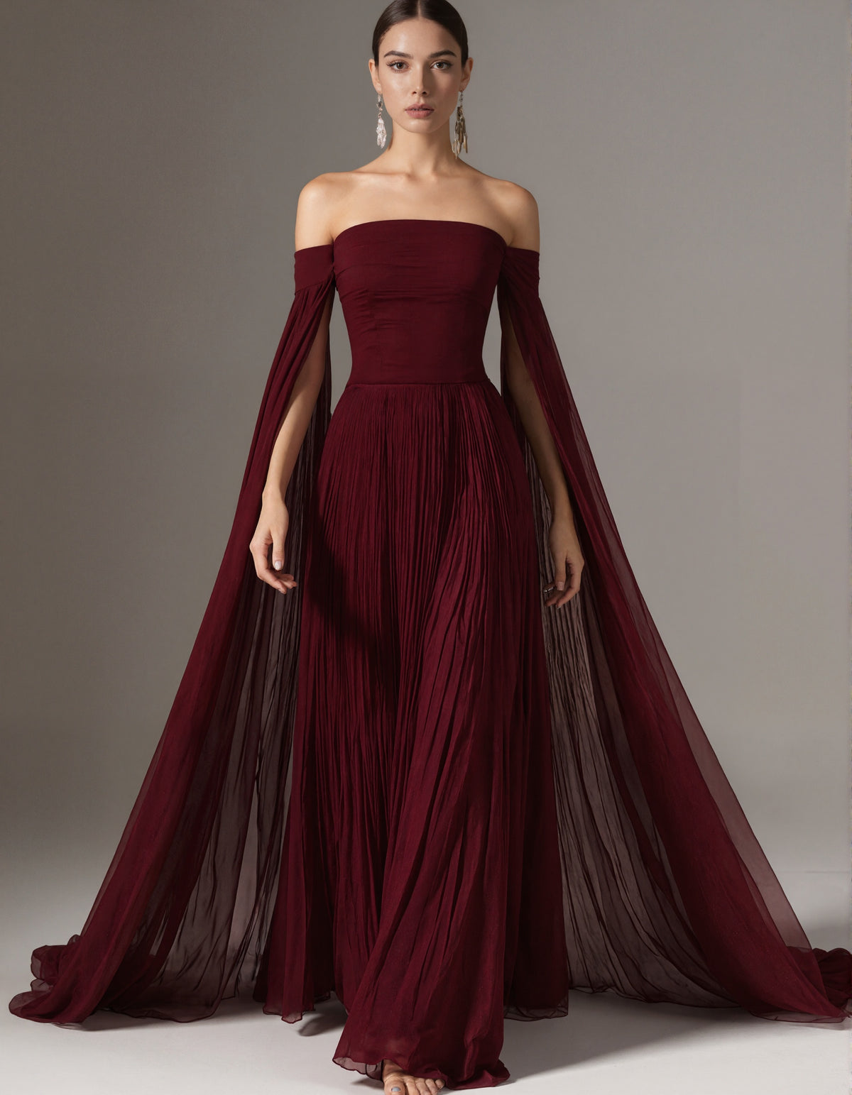 Burgundy Pleated Off-shoulder Chiffon Maxi Dress
