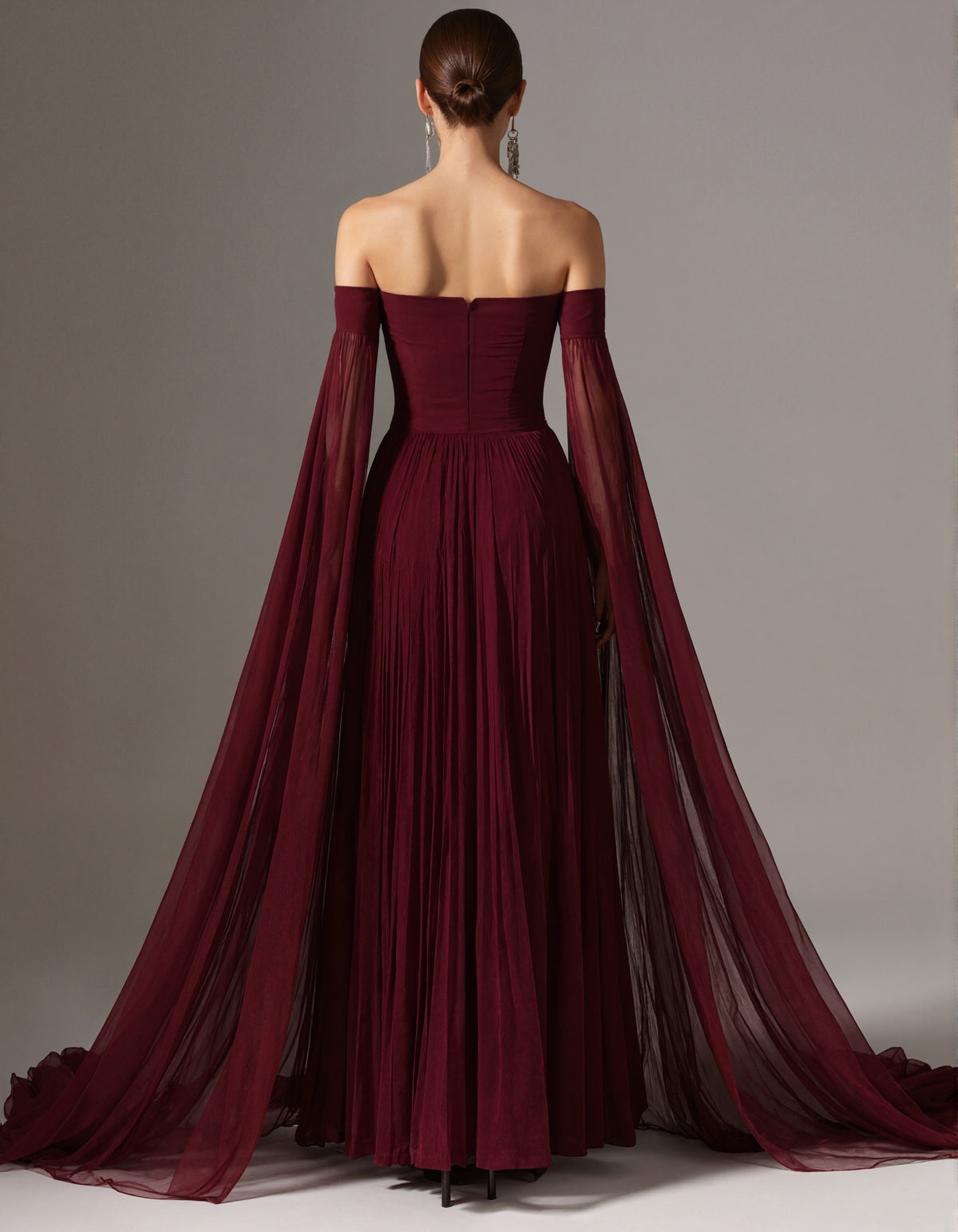 Burgundy Pleated Off-shoulder Chiffon Maxi Dress