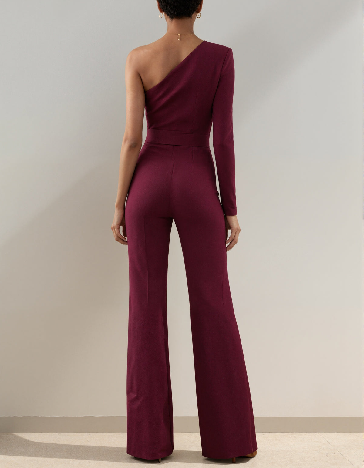 Burgundy Pleated One Shoulder Long Sleeved Jumpsuit