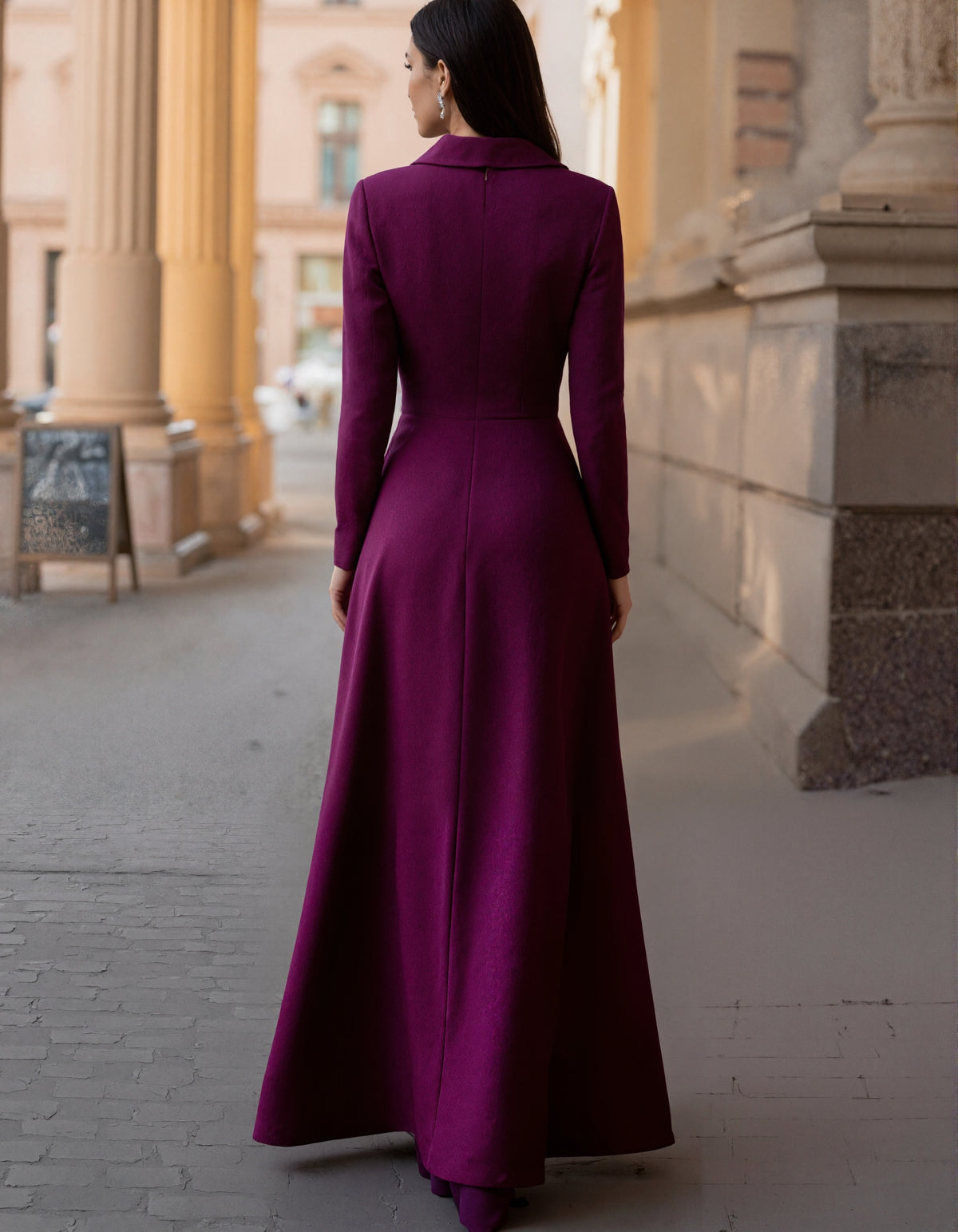 Purple Red Satin Long Sleeves Maxi Dress