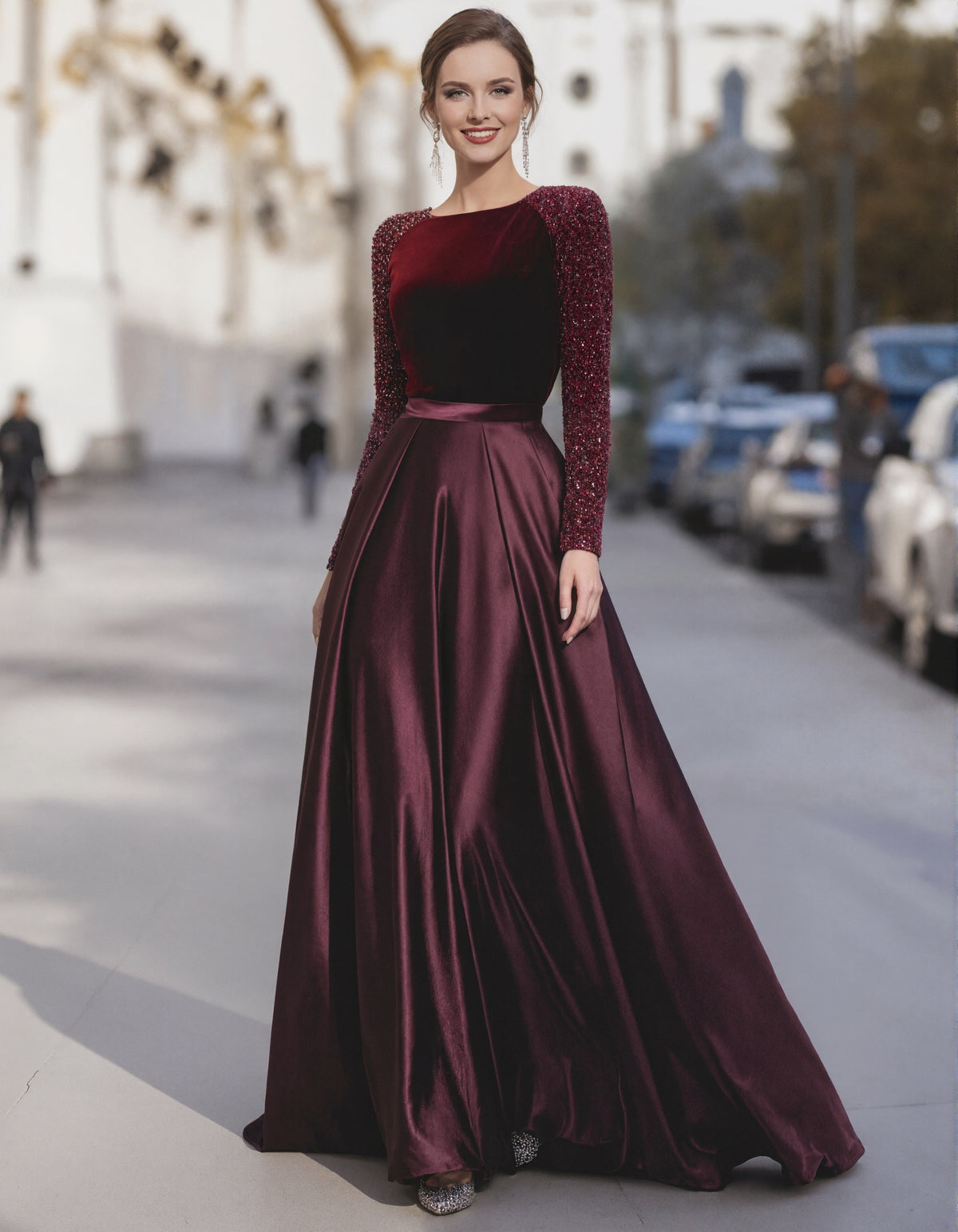 Burgundy Velvet Sequined Satin Patchwork Maxi Dress