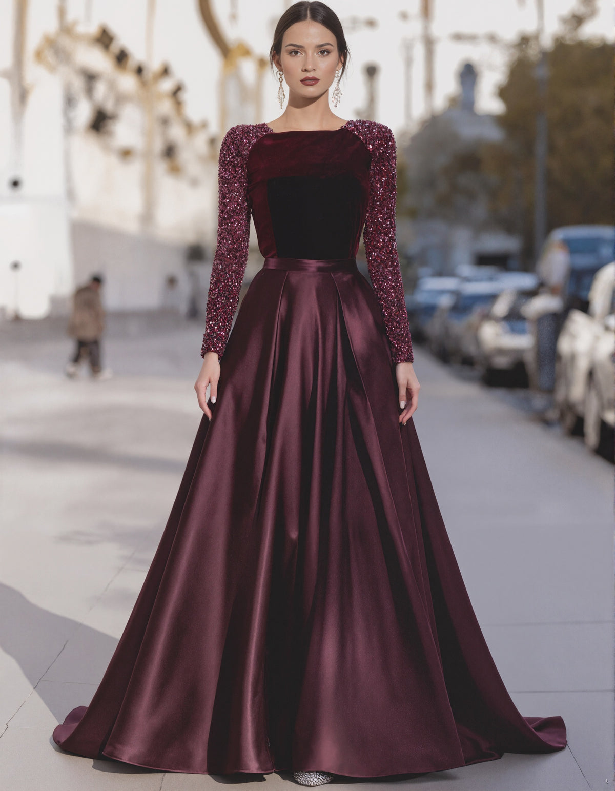 Burgundy Velvet Sequined Satin Patchwork Maxi Dress
