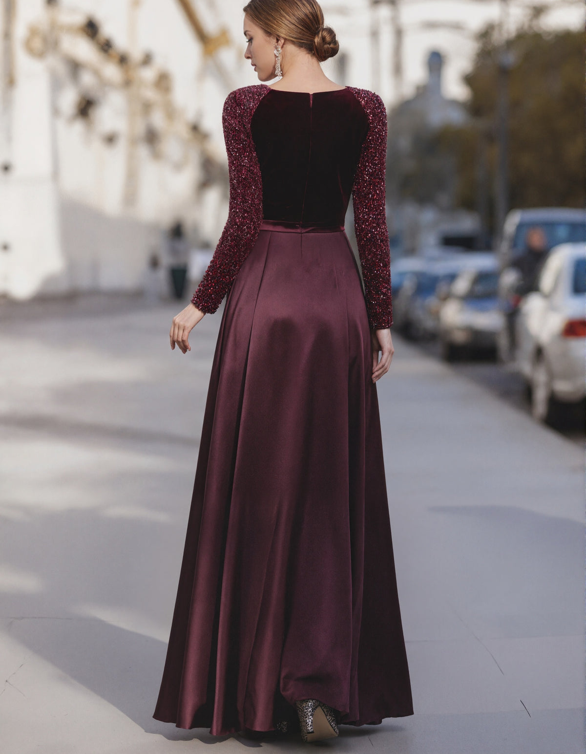 Burgundy Velvet Sequined Satin Patchwork Maxi Dress