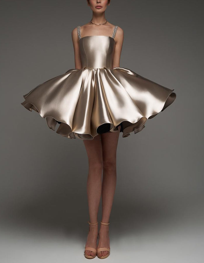 Brown Satin Strapschampagne Satin Shoulder Strap With Diamonds Mini Dress