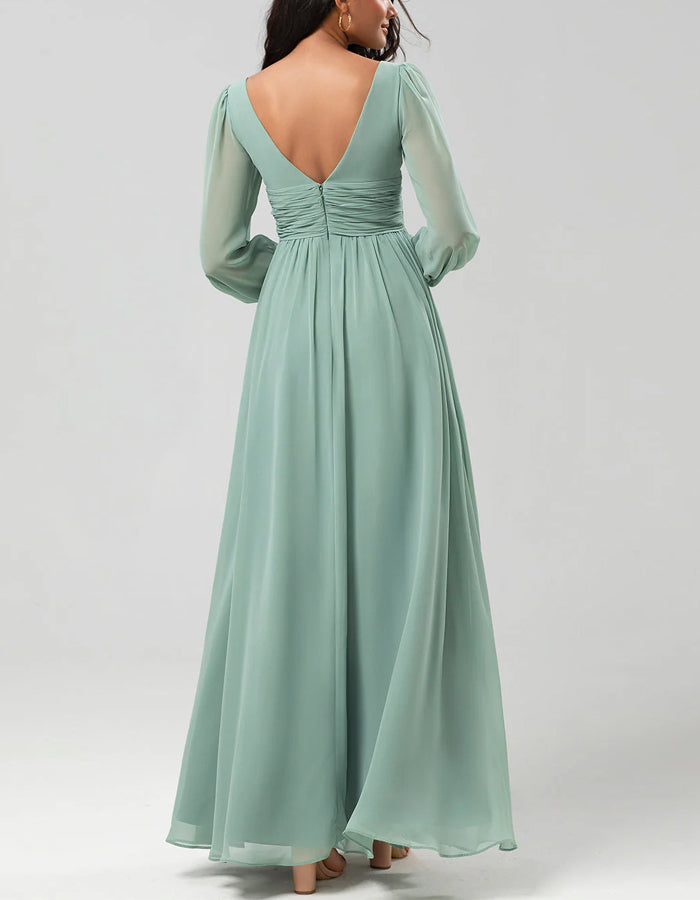 Light Green V-neck Chiffon Waist Pleated Long Sleeves Maxi Dress