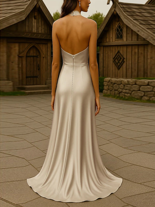 Sleeveless Scarf Collar Satin Maxi Dress