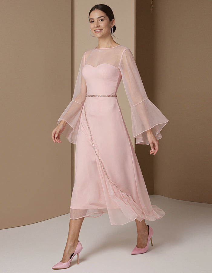 Light Pink Chiffon Crew Neck Midi Dress