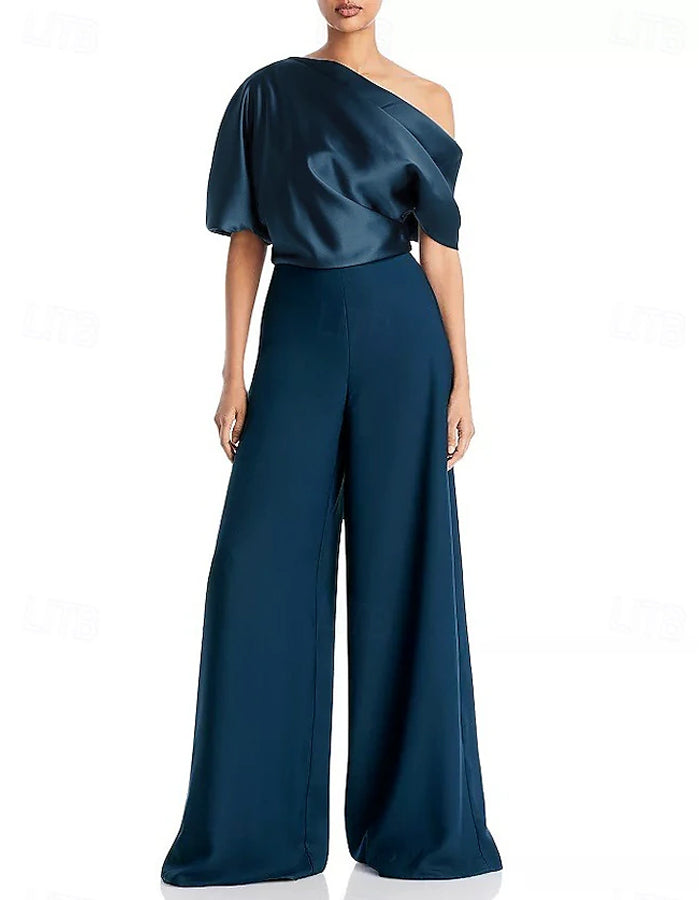 Solid Color Short-sleeved One-shoulder Jumpsuit