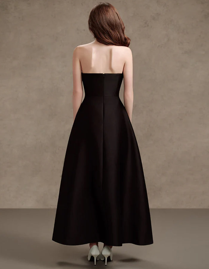 Black A-line Floral Satin Maxi Dress