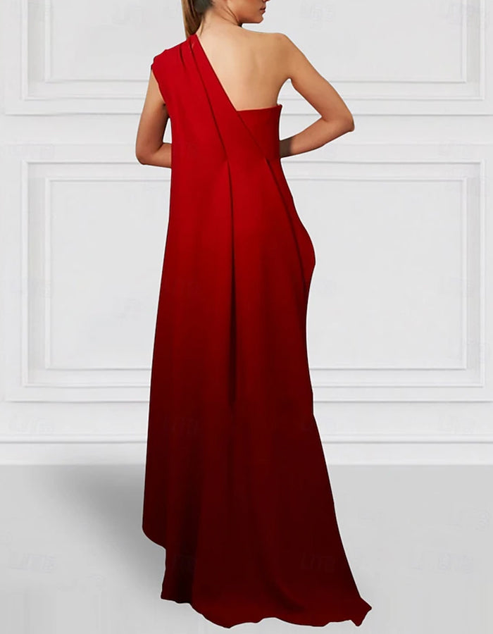 Red One Shoulder Lace Appliqué Maxi Dress