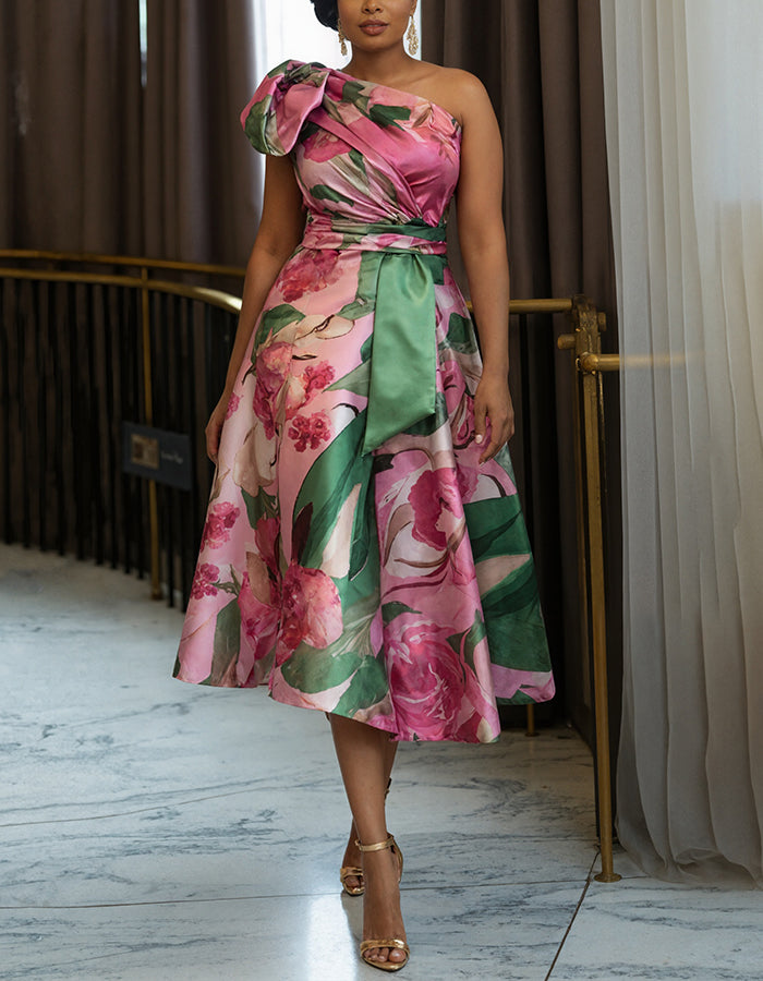 One Shoulder Satin Floral Midi Dress