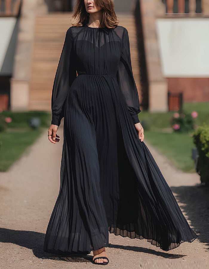 Robe longue marron à col en V, motif floral et manches longues