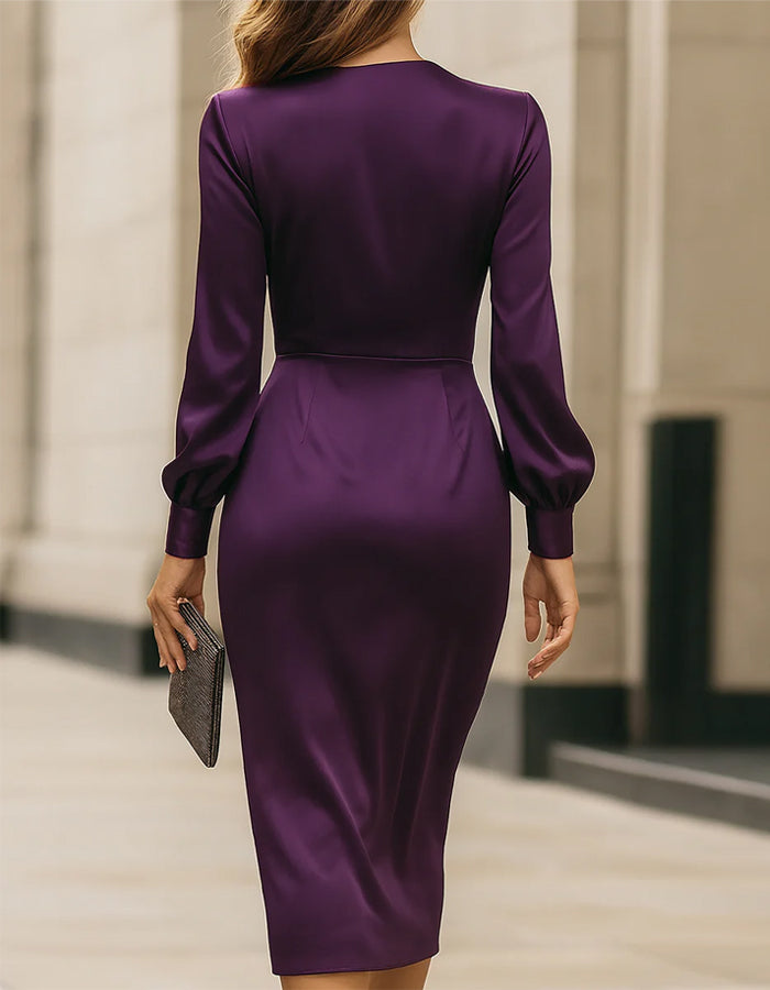 Purple Satin Tight Long Sleeves Midi Dress