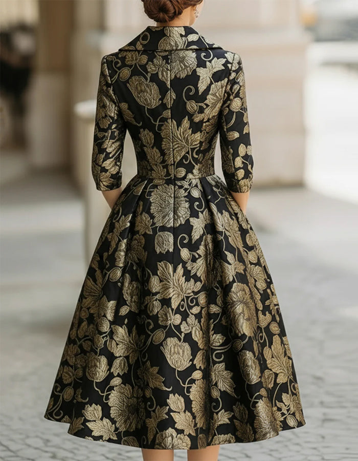 Black & Gold Jacquard Floral Midi Dress