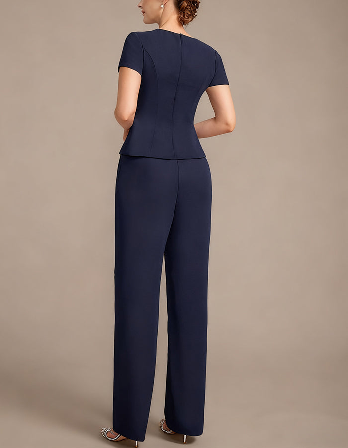Dark Blue V-neck Short-sleeved Trousers With Lace Patchwork Outerwear 3-Piece Suit
