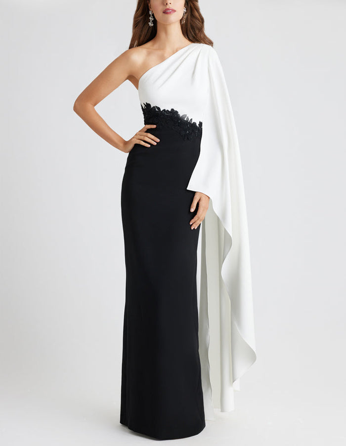 Black And White Colorblock One Shoulder Maxi Dress