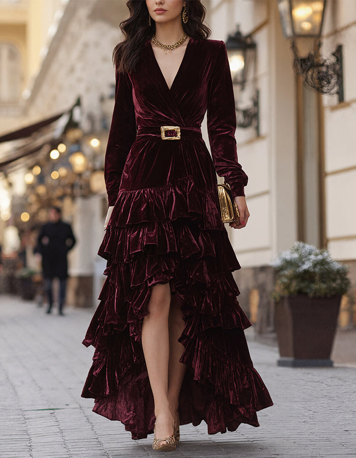 Burgundy Ruffled Velvet Maxi Dress