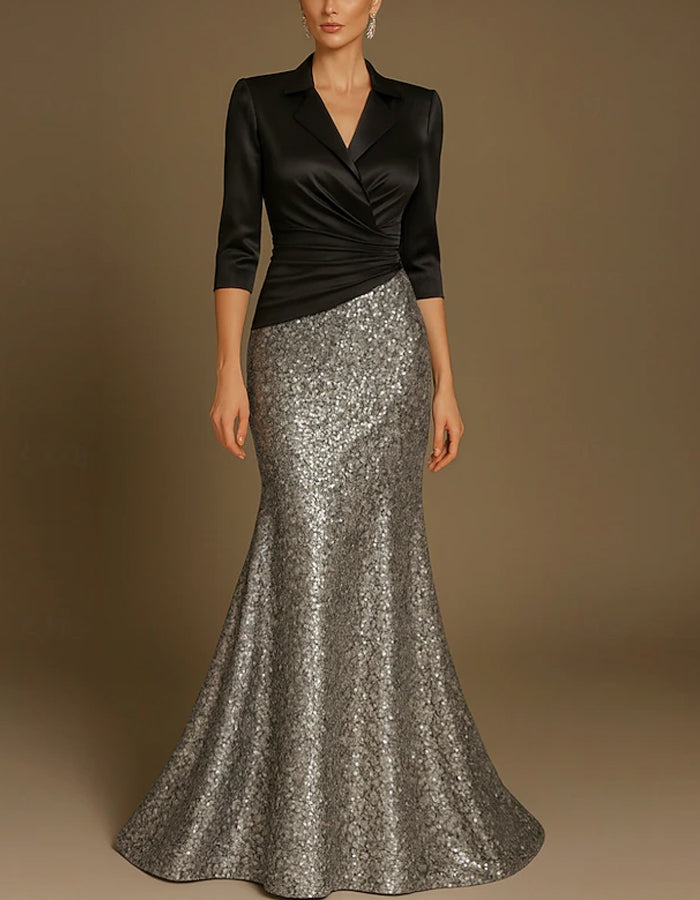 Solid Color V-neck Satin Sequins Maxi Dress