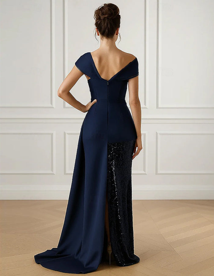 Solid Color Off Shoulder Satin Sequins Maxi Dress