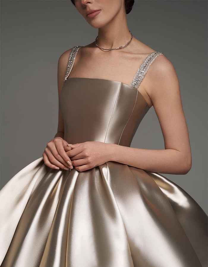Brown Satin Strapschampagne Satin Shoulder Strap With Diamonds Mini Dress