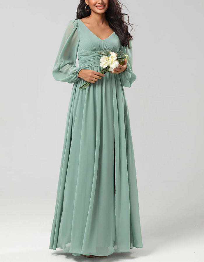 Light Green V-neck Chiffon Waist Pleated Long Sleeves Maxi Dress