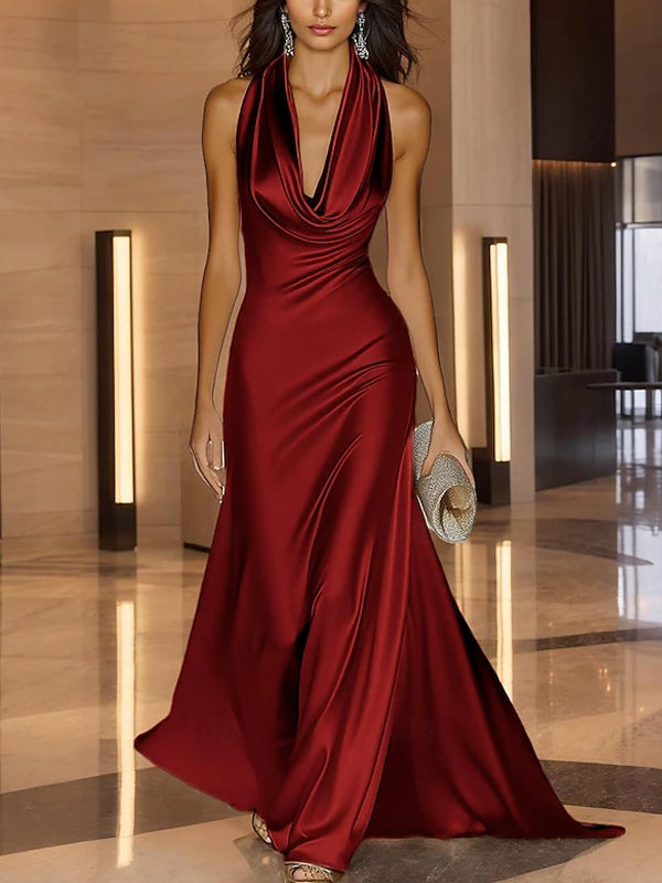 Sleeveless Scarf Collar Satin Maxi Dress