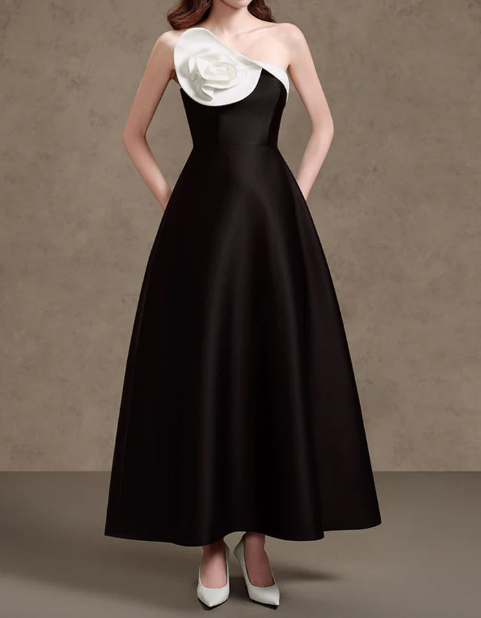 Black A-line Floral Satin Maxi Dress