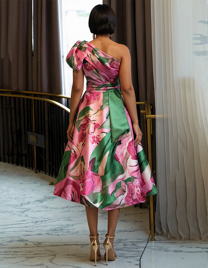 One Shoulder Satin Floral Midi Dress