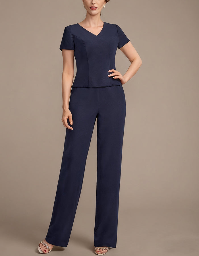 Dark Blue V-neck Short-sleeved Trousers With Lace Patchwork Outerwear 3-Piece Suit