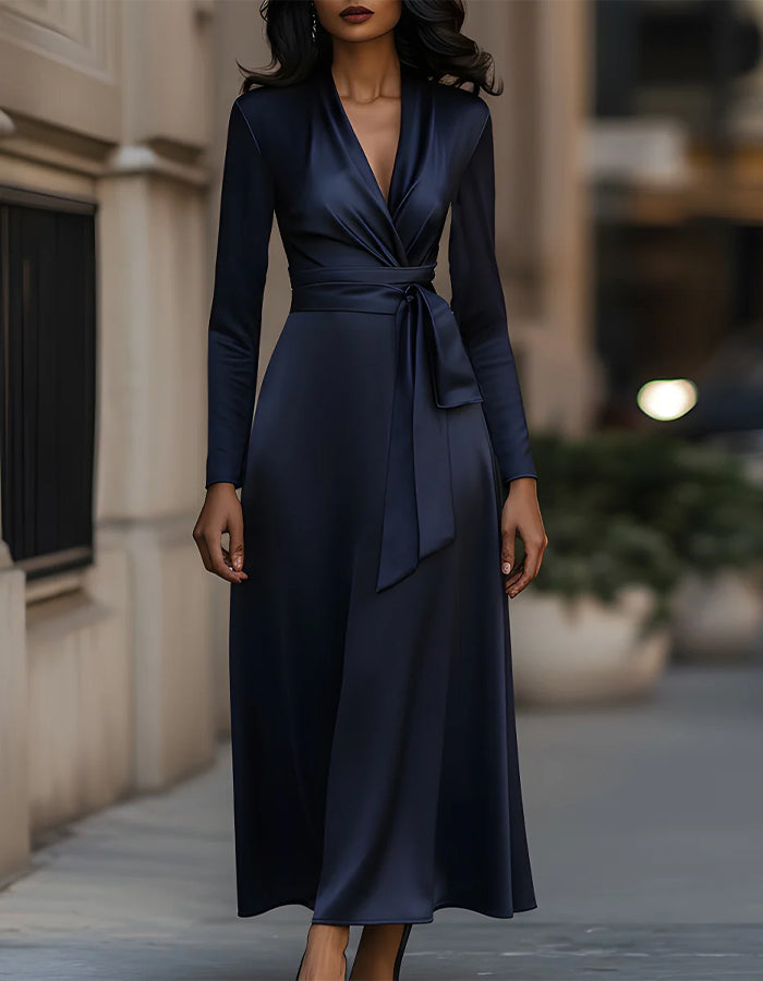 Navy V-Neck Long Sleeve Midi Dress