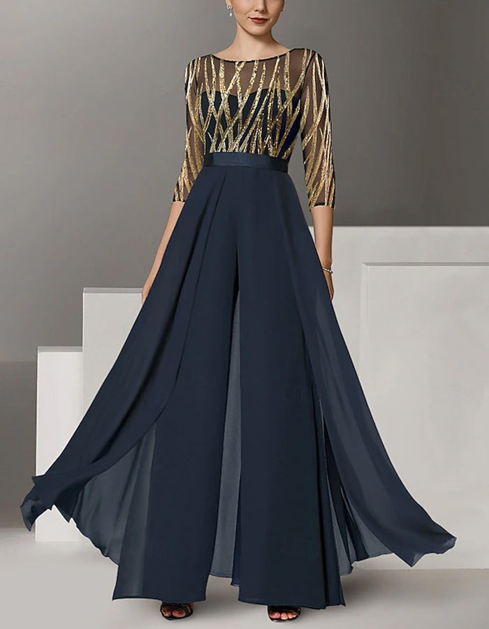 Black And Gold Color Blocked Chiffon Jumpsuit
