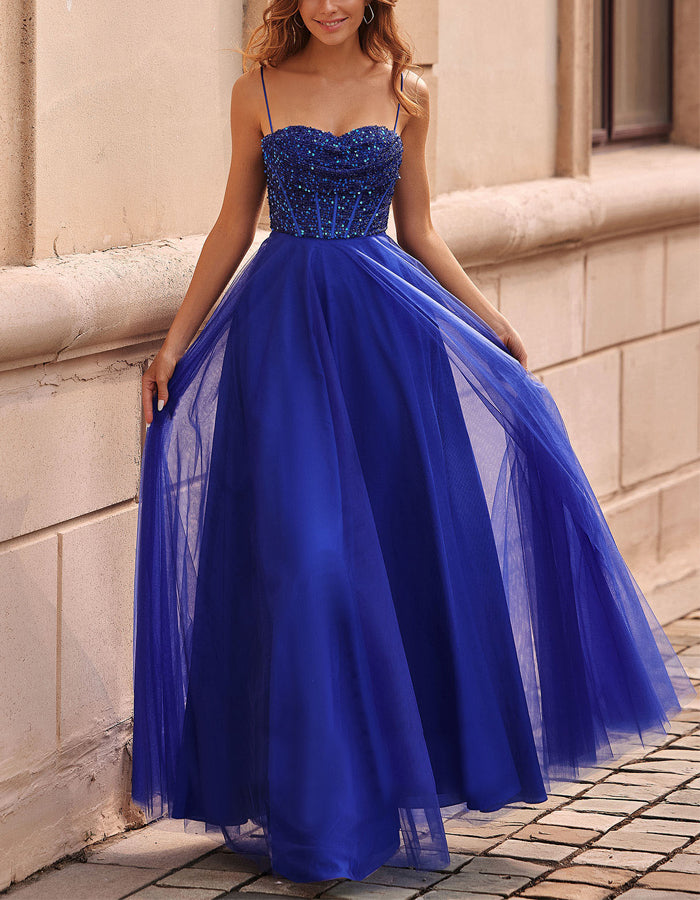 Solid Color Suspenders Sequined Mesh Maxi Dress