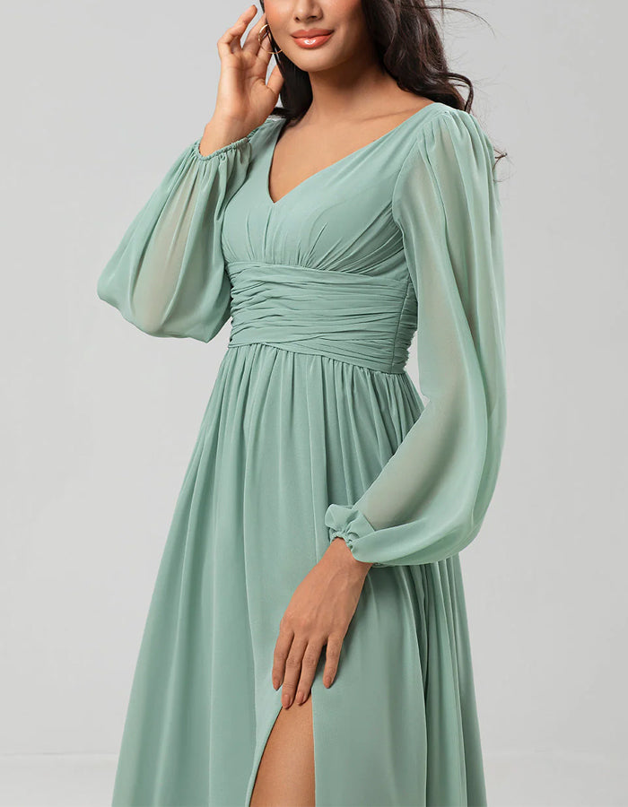 Light Green V-neck Chiffon Waist Pleated Long Sleeves Maxi Dress