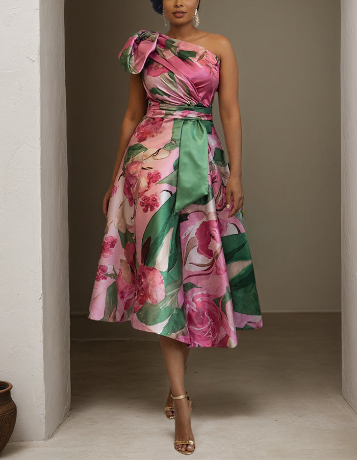 One Shoulder Satin Floral Midi Dress