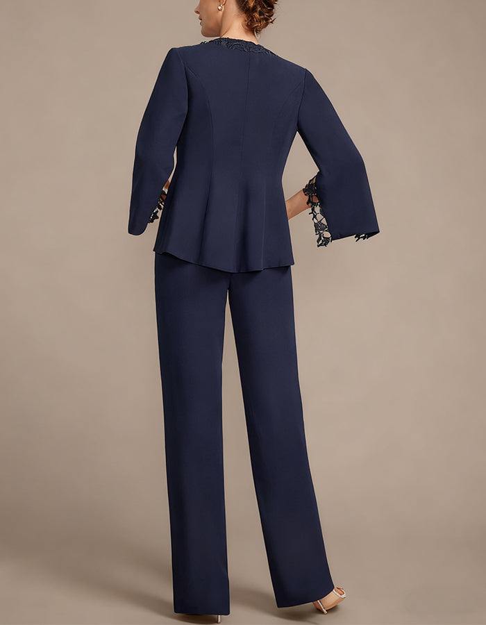 Dark Blue V-neck Short-sleeved Trousers With Lace Patchwork Outerwear 3-Piece Suit