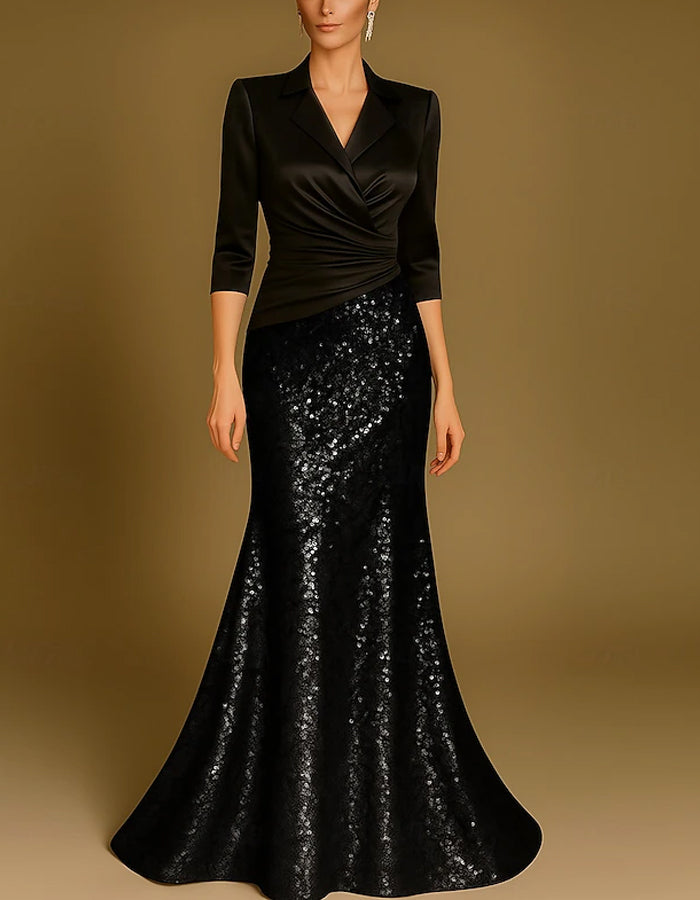 Solid Color V-neck Satin Sequins Maxi Dress