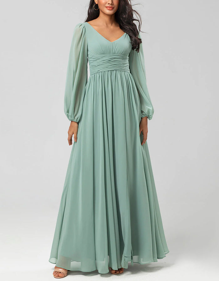 Light Green V-neck Chiffon Waist Pleated Long Sleeves Maxi Dress