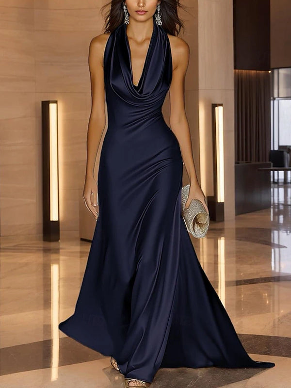 Sleeveless Scarf Collar Satin Maxi Dress
