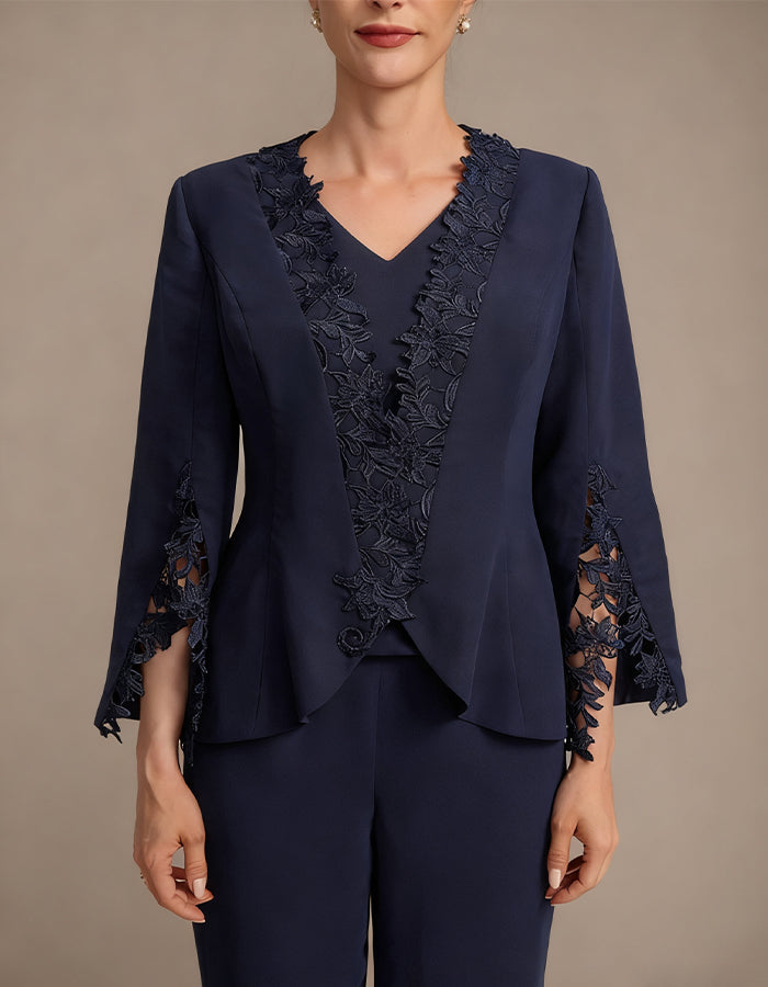 Dark Blue V-neck Short-sleeved Trousers With Lace Patchwork Outerwear 3-Piece Suit