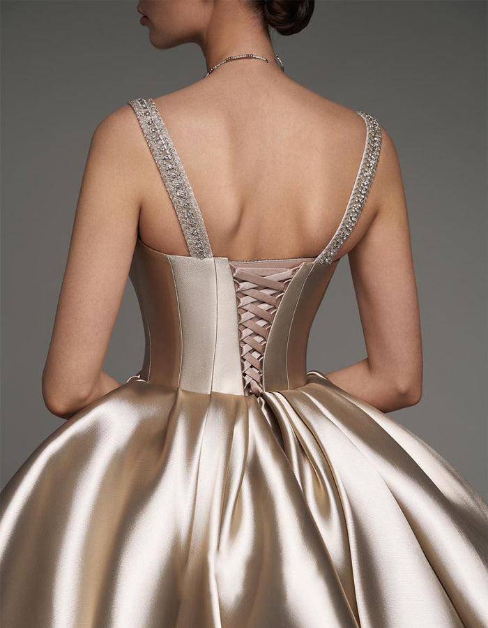 Brown Satin Strapschampagne Satin Shoulder Strap With Diamonds Mini Dress