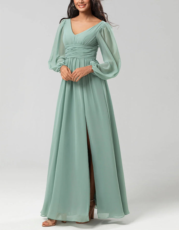 Light Green V-neck Chiffon Waist Pleated Long Sleeves Maxi Dress