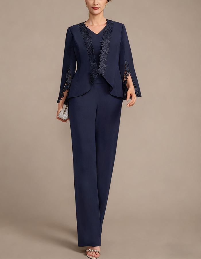 Dark Blue V-neck Short-sleeved Trousers With Lace Patchwork Outerwear 3-Piece Suit