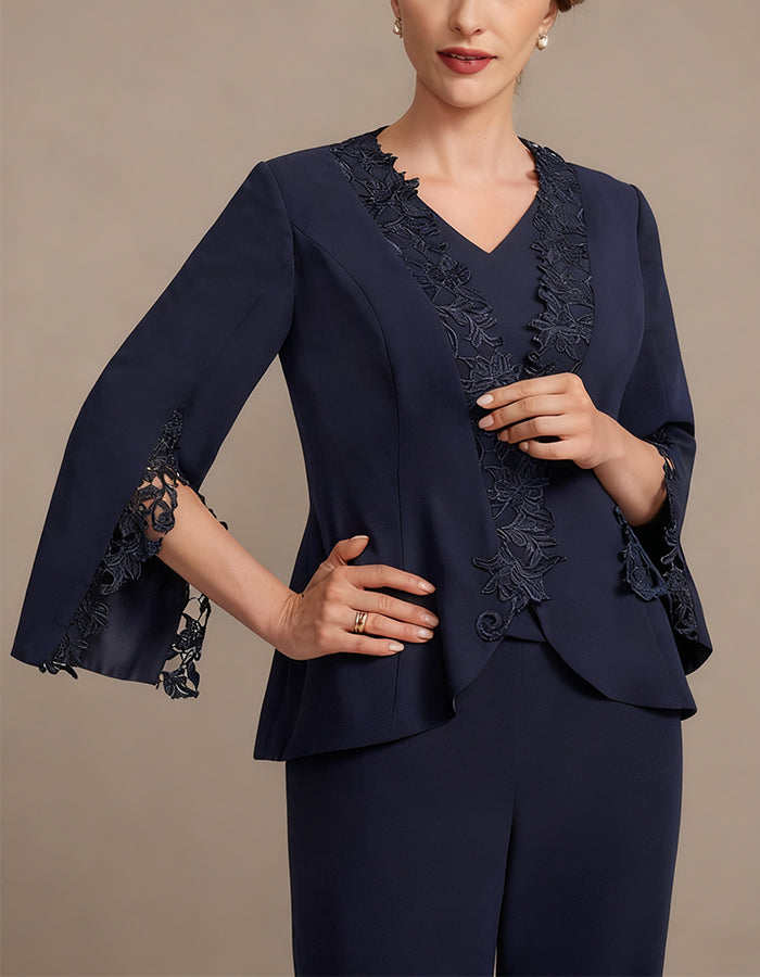 Dark Blue V-neck Short-sleeved Trousers With Lace Patchwork Outerwear 3-Piece Suit