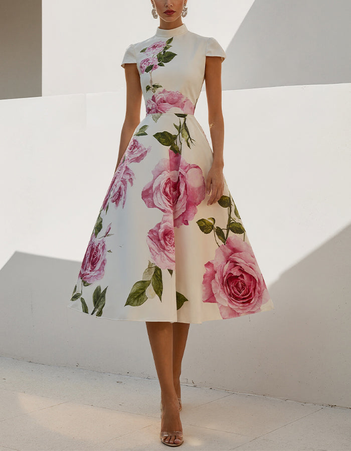 Elegant Satin A-Line Dress with Bold Rose Print and High Neckline